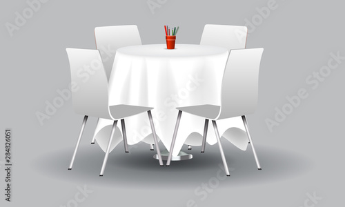 White Modern round table with white chairs. Vector illustration.