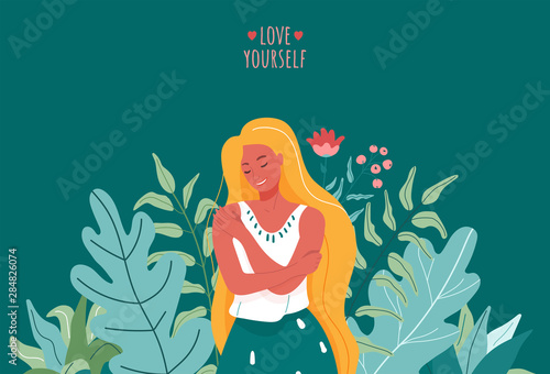 Love yourself vector illustration. Smiling woman hug herself. Body care design concept for print card, poster with motivational text words and floral green, pink elements. On dark background