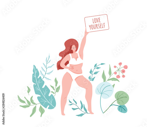 Love yourself. Smiling woman with plus size body wearing in lingerie. Vector illustration with green floral nature elements. Body positive concept