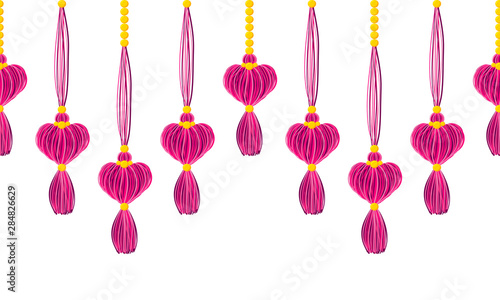 Vector horizontal border pattern. Dangling tassels with hearts, yarn treads with beads, ropes. Crimson Pink, rose colors on black background. Wedding, Valentine day, love theme design for headers