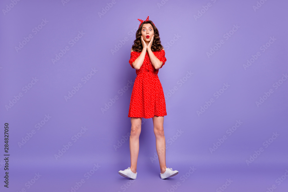 Full length body size photo of frightened scared girl seeing something horrible while isolated with violet background Full length body size photo of frightened scared girl seeing something horrible while isolated with violet background