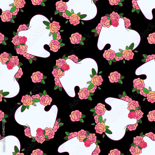 Abstract vector seamless  pattern, beautiful floral design. Cute healthy teeth with bouquet of roses on black backgrounds. Illustration perfect for dental design, fashion prints, textile, wallpaper