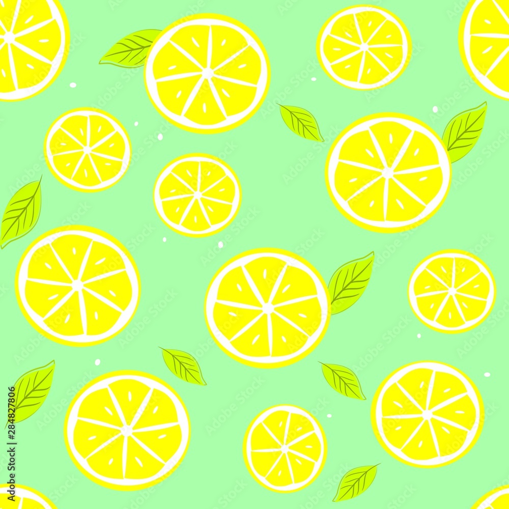 seamless background with slices of  lemons vector drawing, seamless pattern with citrus and leaves