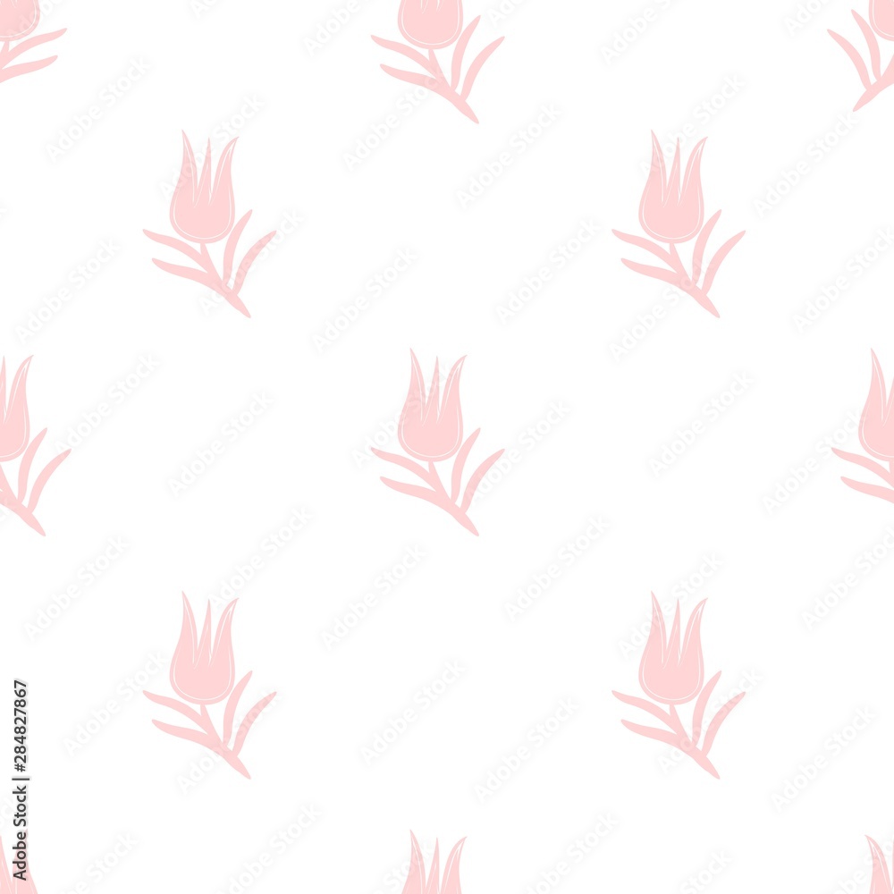 Tulips seamless pattern with pink color, vector drawing white and pink colors background