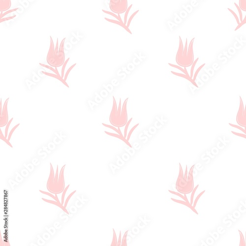 Tulips seamless pattern with pink color, vector drawing white and pink colors background