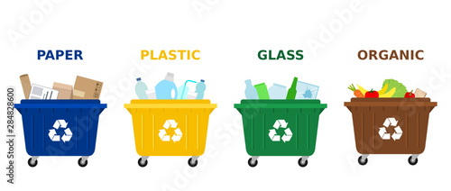 Different colored trash dumpsters with paper, plastic, glass and organic waste suitable for recycling. Segregate waste, sorting garbage, waste management. White background. Vector illustration, flat. 
