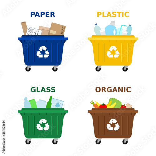 Different colored dumpsters for sorting waste. Segregate waste, sorting garbage, waste management. Trash containers for paper, plastic, glass and organic garbage. White background.Vector illustration.