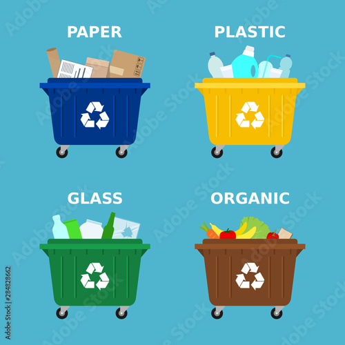 Set of sorting bins for garbage of different colors illustration in a flat  ~ Clip Art #138393611