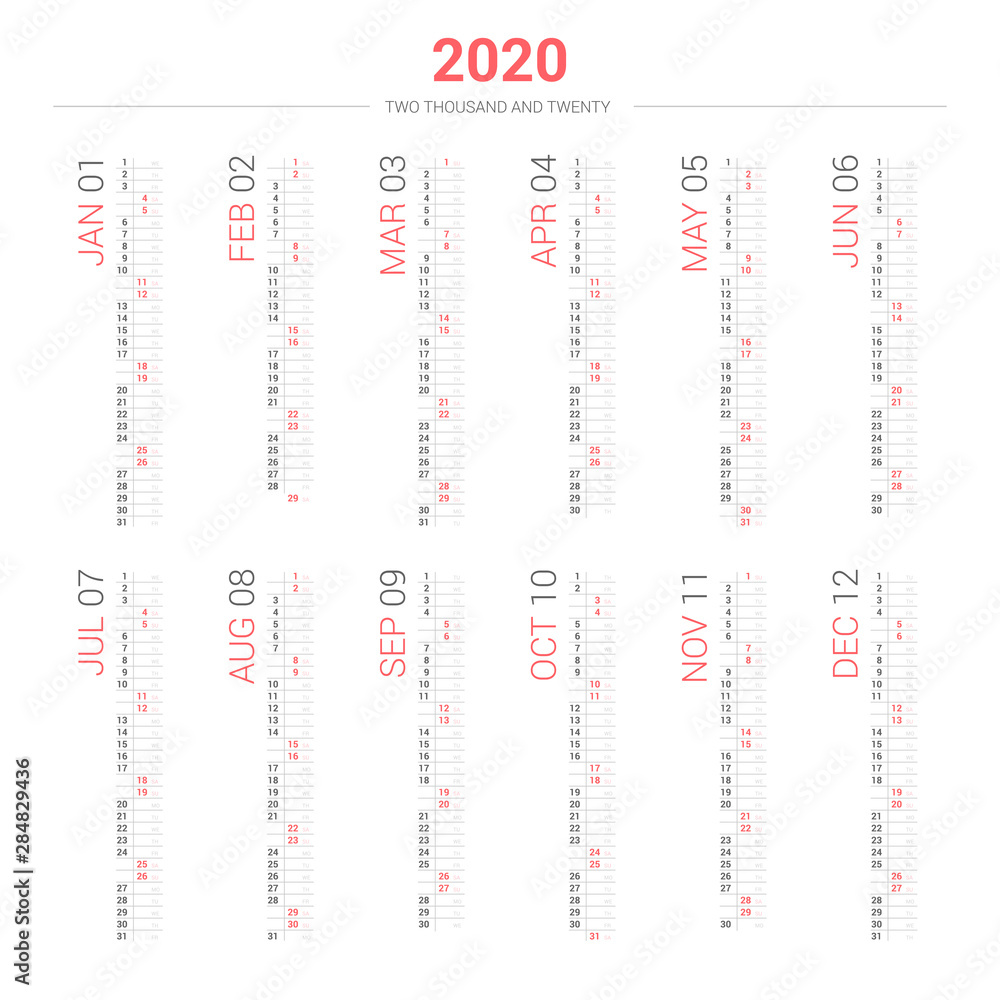 Calendar 2020 vertical style. Vector design on white background - obrazy, fototapety, plakaty 