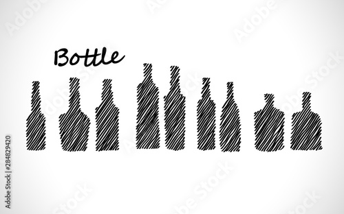Set Scribble hatching of silhouettes of bottles of alcoholic. Hand drawn symbols of black. Sketches shaded, hatched badges and stroke shapes. Monochrome vector design elements. Isolated illustration