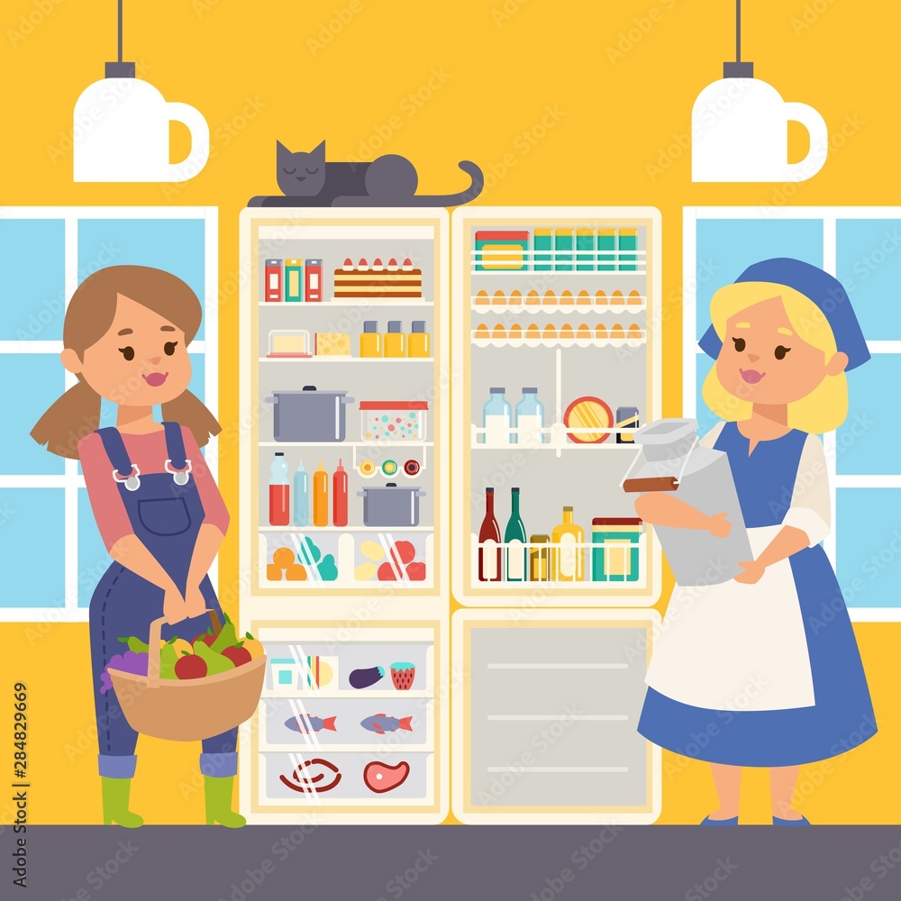 Refregerator full of food banner vector illustration. Female farmer characters standing near open cooler holding milk and basket with fruits and vegetables. Meat and fish on shelves. Refregerator full of food banner vector illustration. Female farmer characters standing near open cooler holding milk and basket with fruits and vegetables. Meat and fish on shelves.
