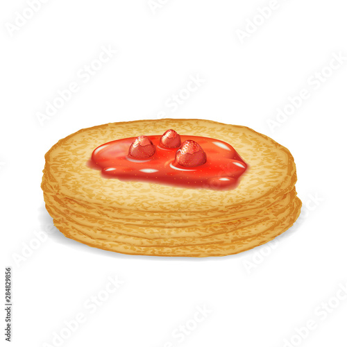 Hot pancake with buttered strawberry jam sweet food 3d realistic decoration vector illustration