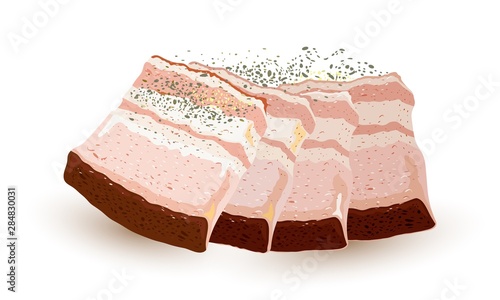Slices of salo, bacon, lard, silverside, gammon, ham sprinkled with black pepper. Pieces, strips of salty high-fat meat cooked with spices. Ukrainian, Russian cuisine. Vector cartoon illustration.