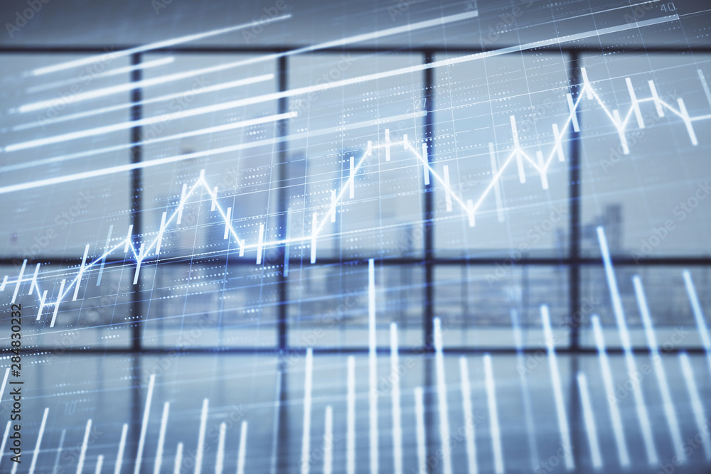 Double exposure of financial chart on empty room interior background. Forex market concept. Double exposure of financial chart on empty room interior background. Forex market concept.