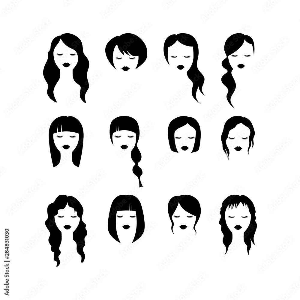 Female haircut silhouette black vector set. Pretty woman hairstyle icons for hair salon. Female haircut silhouette black vector set. Pretty woman hairstyle icons for hair salon.