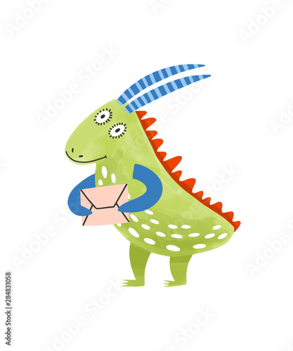 Strange fantastic monster or alien holding letter in envelope