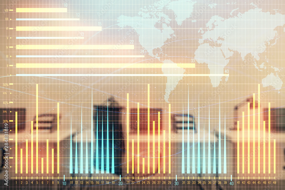 Stock and bond market graph and world map with trading desk bank office interior on background. Multi exposure. Concept of international finance Stock and bond market graph and world map with trading desk bank office interior on background. Multi exposure. Concept of international finance