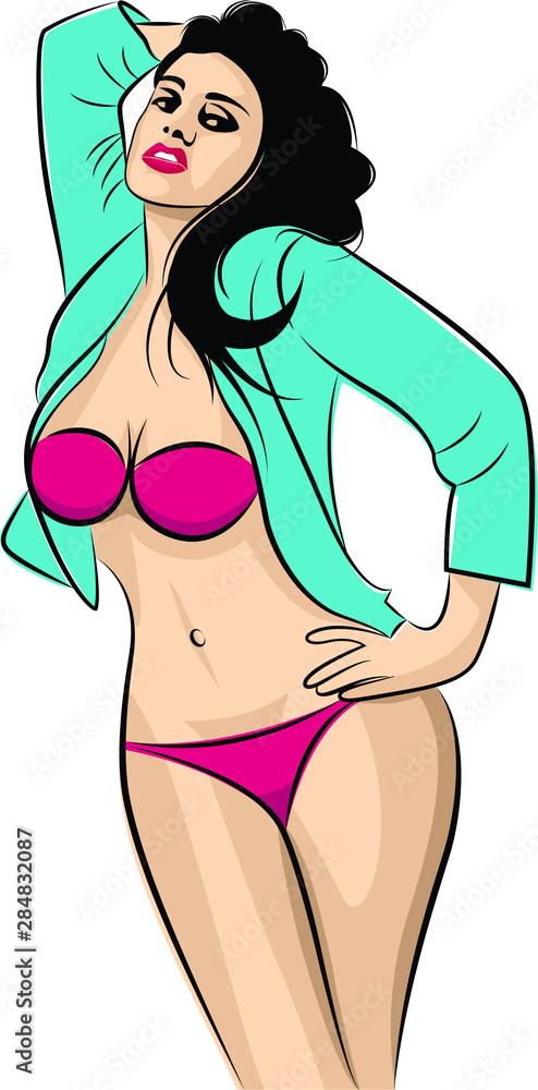 A sexy woman standing and wearing a blue jacket with pink bikini. Vector illustration.
