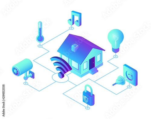 Smart home system concept. 3D isometric remote house control system. IOT concept. Smart home connection and control with devices through home network. Internet of things. Vector illustration.