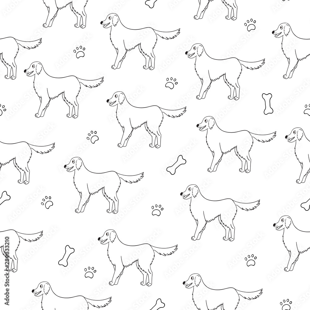 Seamless pattern with black contour of cartoon labrador retriever dogs on white Seamless pattern with black contour of cartoon labrador retriever dogs on white