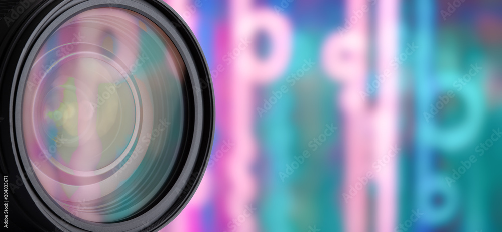 DSLR Camera Lens Isolated. Closeup Reflections in Lens. Blurred Background and Abstract Bokeh. - obrazy, fototapety, plakaty 