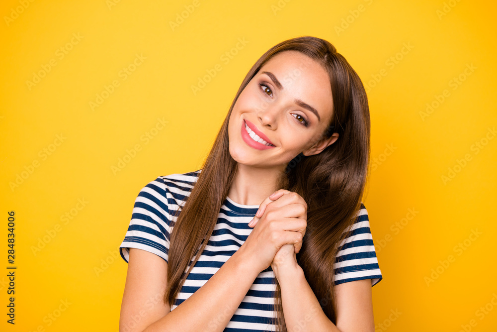 Overjoyed lady look sincerely little children wear striped outfit isolated yellow background Overjoyed lady look sincerely little children wear striped outfit isolated yellow background