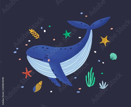 Happy smiling whale isolated on dark background. Adorable ocean animal, joyful wild marine mammal, cute sea world dweller, lovely underwater creature. Flat cartoon childish vector illustration.