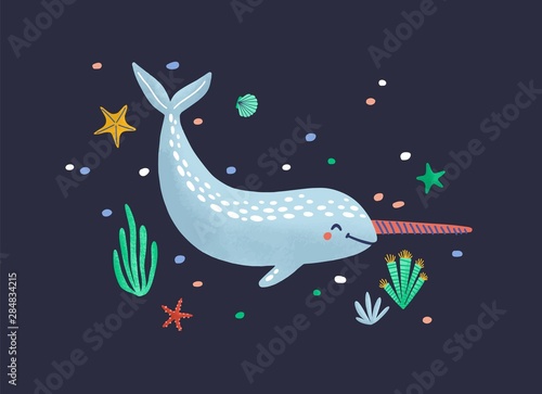 Funny smiling narwhal isolated on dark background. Happy ocean animal, joyful wild marine mammal, pretty sea world dweller, cute underwater creature. Flat cartoon childish vector illustration.