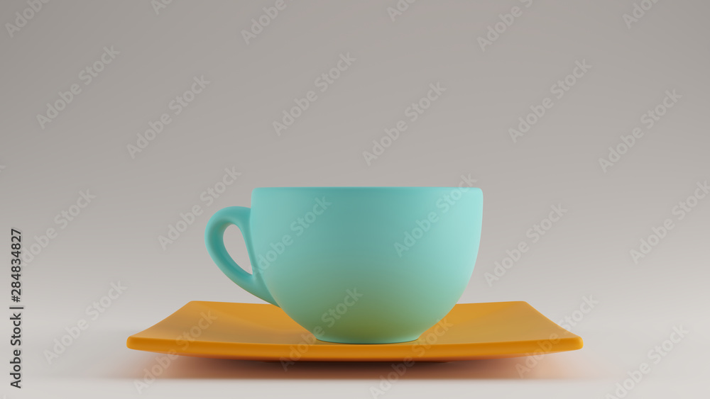 Gulf Blue Turquoise and Orange Coffee Cup an Saucer Cappuccino Tea Right View 3d illustration 3d render