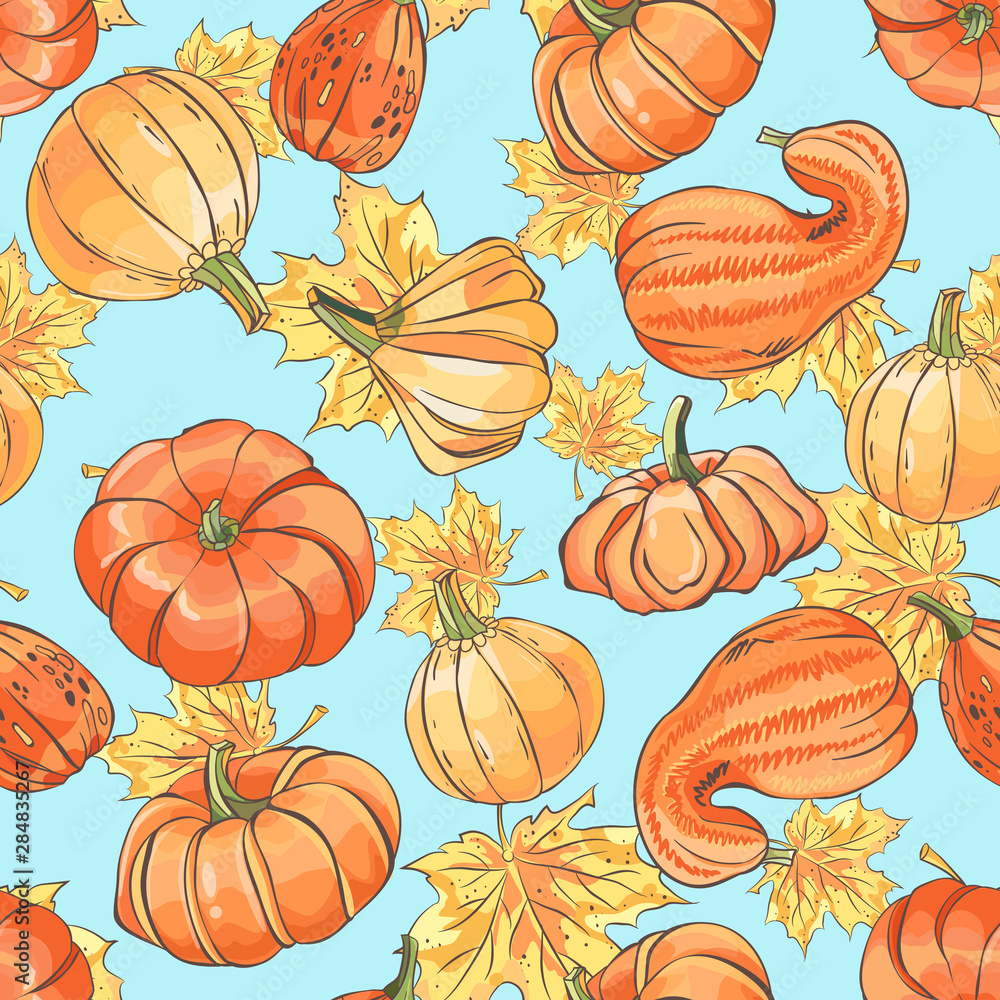 Seamless pattern with hand drawn pumpkin and leaves Seamless pattern with hand drawn pumpkin and leaves