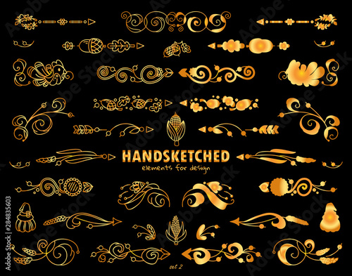 Vector premium set of golden arrows, indexes, dividers, flowers, ear of wheat elements. Hand drawn calligraphic elements for design. Ornate and silhouette options