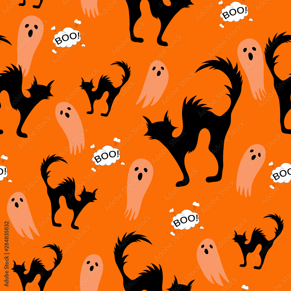 Halloween spooky cats and ghost seamless pattern on orange background with cloud boo. Funny cat halloween pattern background. Halloween themes design vector illustration Halloween spooky cats and ghost seamless pattern on orange background with cloud boo. Funny cat halloween pattern background. Halloween themes design vector illustration