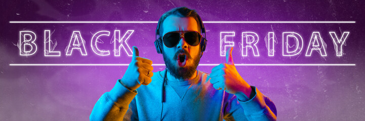 Black friday, sales concept. Neon lighted letters on gradient background. Astonished man pointing. Negative space. Modern design. Contemporary art. Creative conceptual and colorful collage.