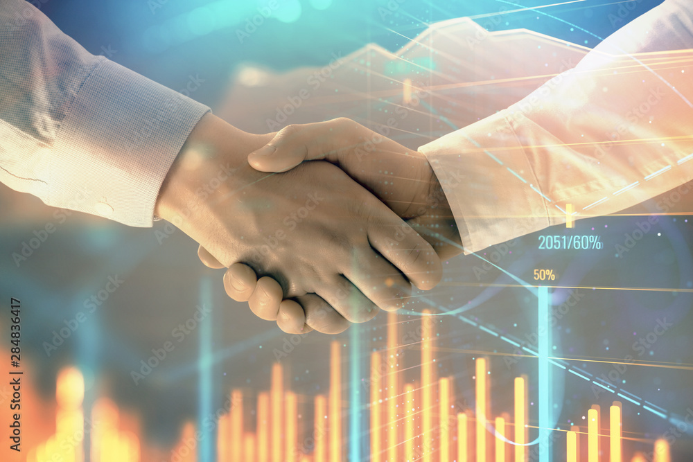 Multi exposure of forex graph on abstract background with two businessmen handshake. Concept of success on stock market Multi exposure of forex graph on abstract background with two businessmen handshake. Concept of success on stock market