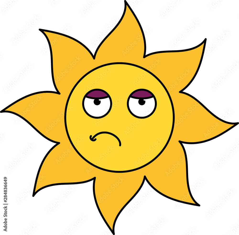 Bored sun emoticon outline illustration