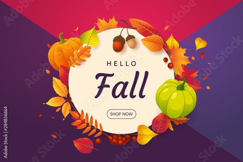 Fall banner design with colorful background of fallen red-orange leaves, acorn, rowan berries and ripe pumpkin. Autumn illustration with falling foliage.Decorative frame for your seasonal design.