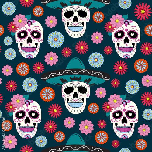 Day of the Dead skull with floral ornament and flower seamless pattern on green background. Dia De Los Muertos celebration pattern background. vector illustration