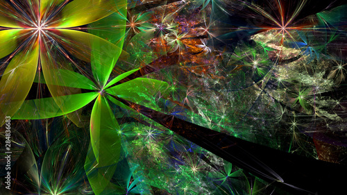 Wallpaper Mural Abstract fractal background with a large star like space flowers intricate decorative stars, all in glowing orange,green,pink Torontodigital.ca