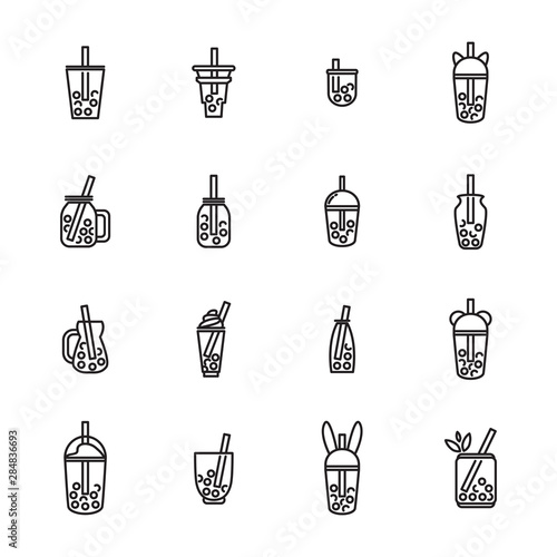 Vector set of elements for design. Signs, symbols of drinks in tea glasses with boba (or bubble) tea. Simple outline style. Funny icon of portable cups