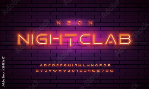 Bright Neon Alphabet Letters, Numbers and Symbols Sign in Vector. Night Show. Night Club.