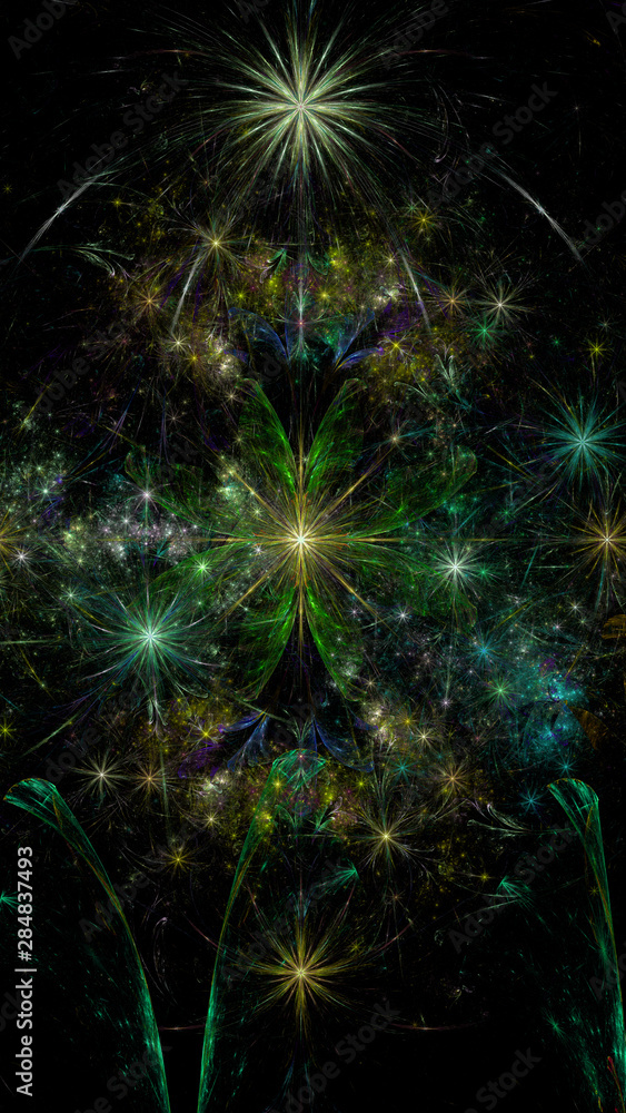Abstract fractal background with a large star like space flowers intricate decorative stars, all in glowing blue,pink, green Abstract fractal background with a large star like space flowers intricate decorative stars, all in glowing blue,pink, green