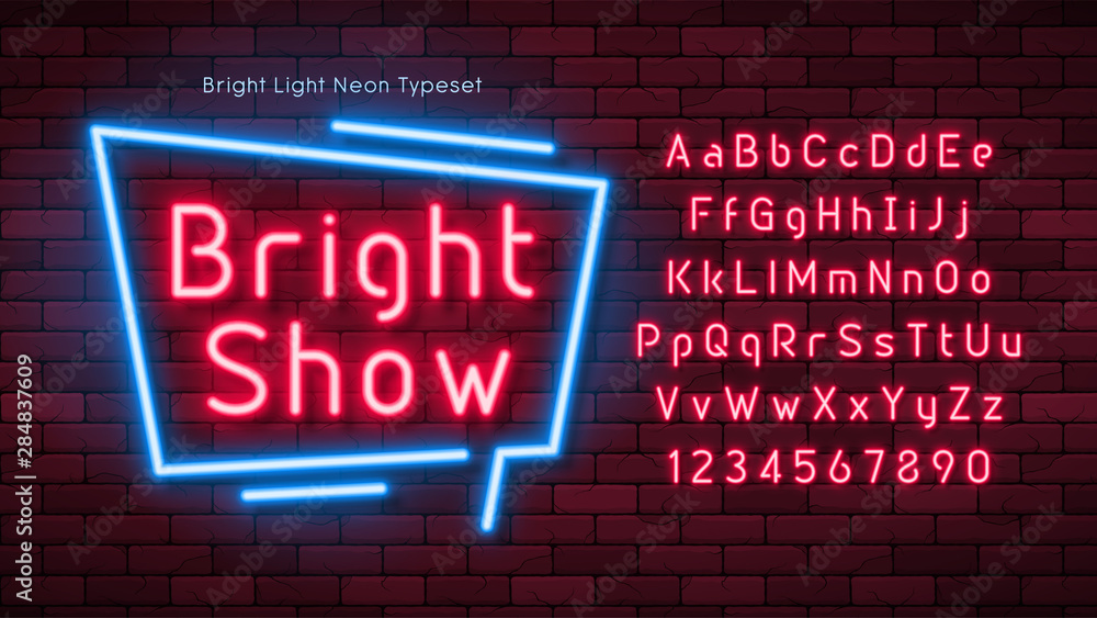 Neon light 3d alphabet, extra glowing font.