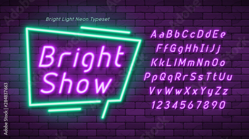 Neon light 3d alphabet, extra glowing font.