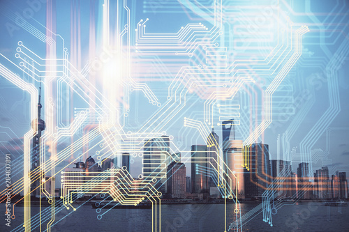 Photography Map and data theme hologram on city view with skyscrapers background double exposure