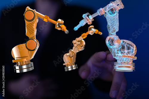 Industry 4.0 concept - Robot arm in smart factory background.