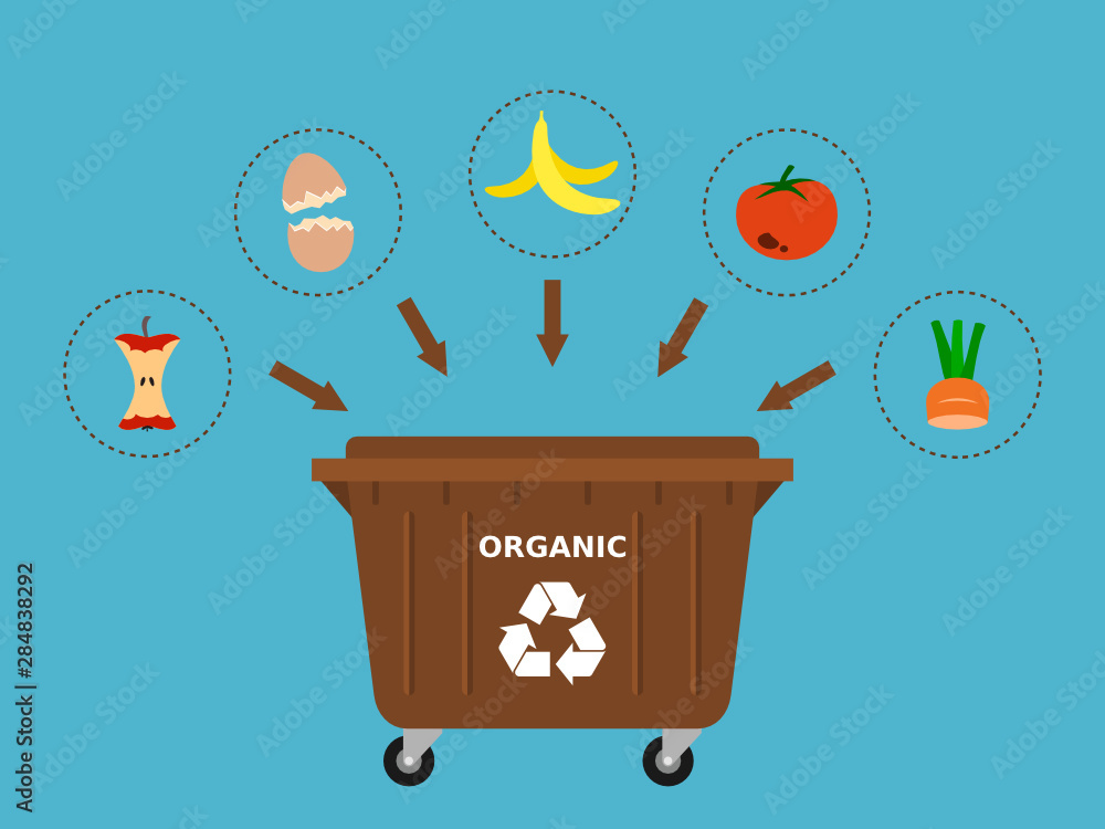 Fototapeta premium Brown trash dumpster and organic waste suitable for recycling. Recycling organic waste, compost, segregate waste, sorting garbage, eco friendly, concept. Blue background.Vector illustration,flat style