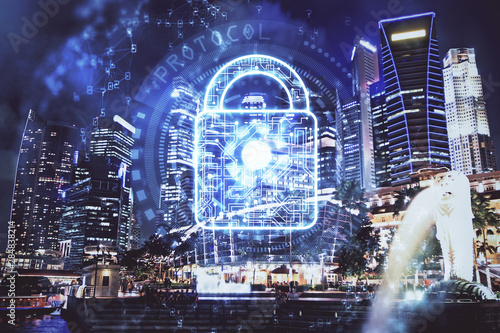 Canvas Print Lock icon hologram on city view with skyscrapers background multi exposure