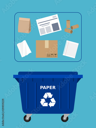 Trash dumpster for recyclable paper waste. Blue container with paper objects. Paper recycle, segregate waste, sorting garbage, eco friendly, concept. Blue background. Vector illustration, flat style.