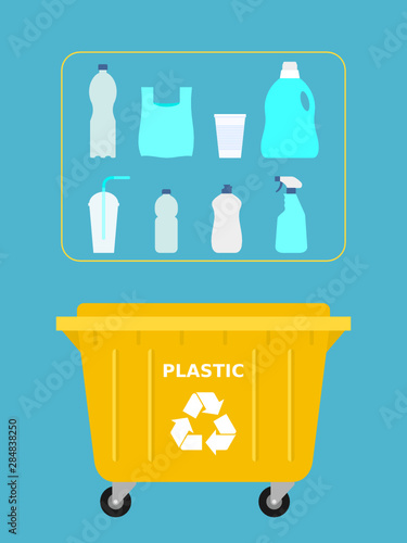 Trash dumpster for recyclable plastic waste. Yellow container. Plastic recycle, segregate waste, sorting garbage, eco friendly, concept. Blue background. Vector illustration, flat style, clip art.