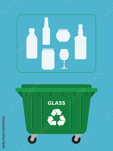 Trash dumpster for recyclable glass waste. Green bin. Glass waste. Glass recycle, segregate waste, sorting garbage, eco friendly, concept. Blue background. Vector illustration, flat style, clip art.